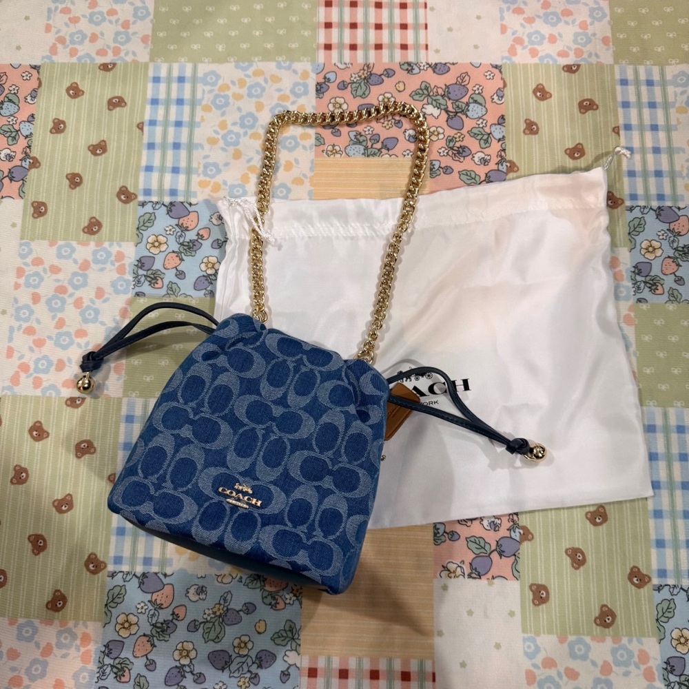 Coach Blue Signature Mini Drawstring Bucket Bag with Gold Chain
